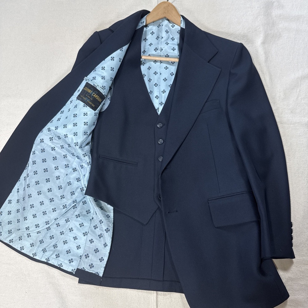 Johnny Carson Vintage 2 Pc Blue Suit Coat Blazer & Vest Size 40 Tonight Show